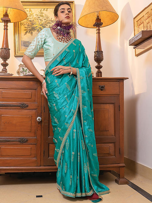 Turquoise Satin Saree With Embroidered Blouse