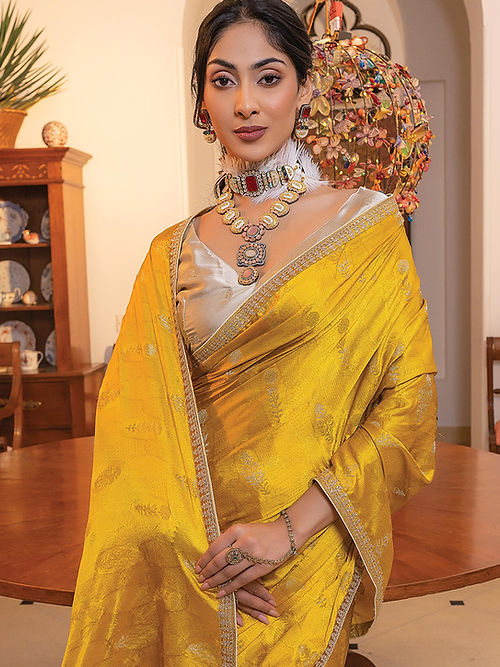 Mustard Yellow Satin Saree With Embroidered Blouse