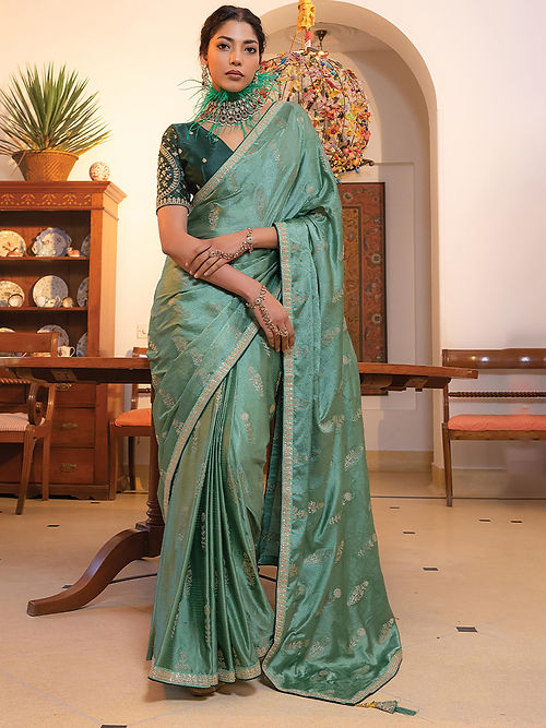 Spanish Green Satin Saree With Embroidered Blouse