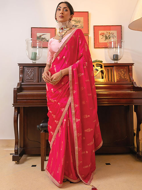 Raspberry Pink Satin Saree With Embroidered Blouse