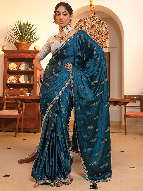 Dark Teal Blue Satin Saree With Embroidered Blouse