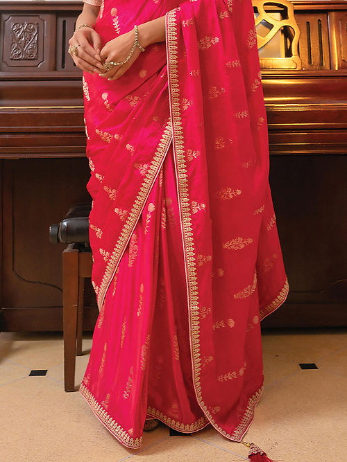 Raspberry Pink Satin Saree With Embroidered Blouse