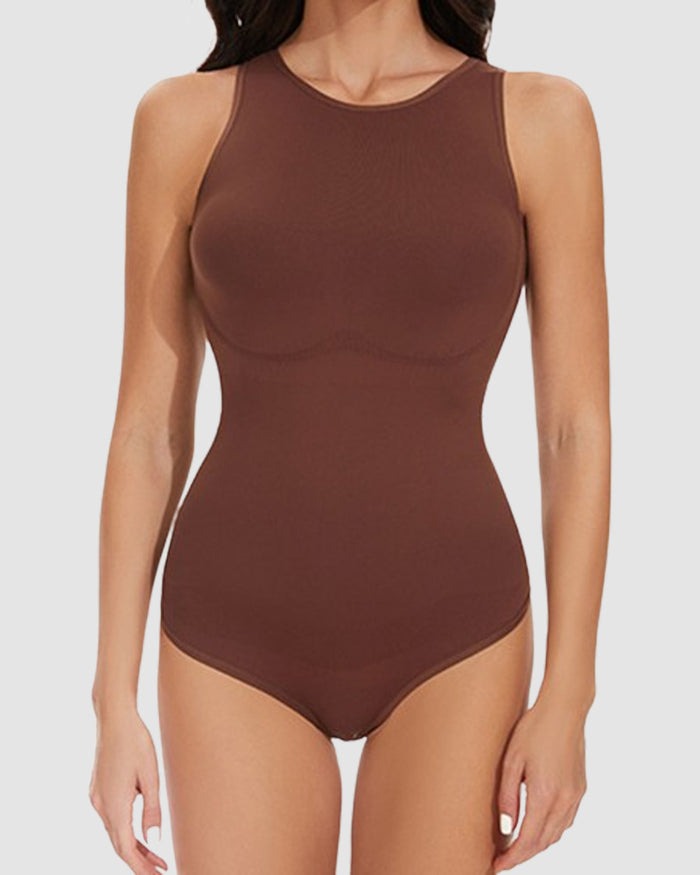 Seamless Racerback Top Tummy Control Crew Neck Bodysuit  - By Qivii