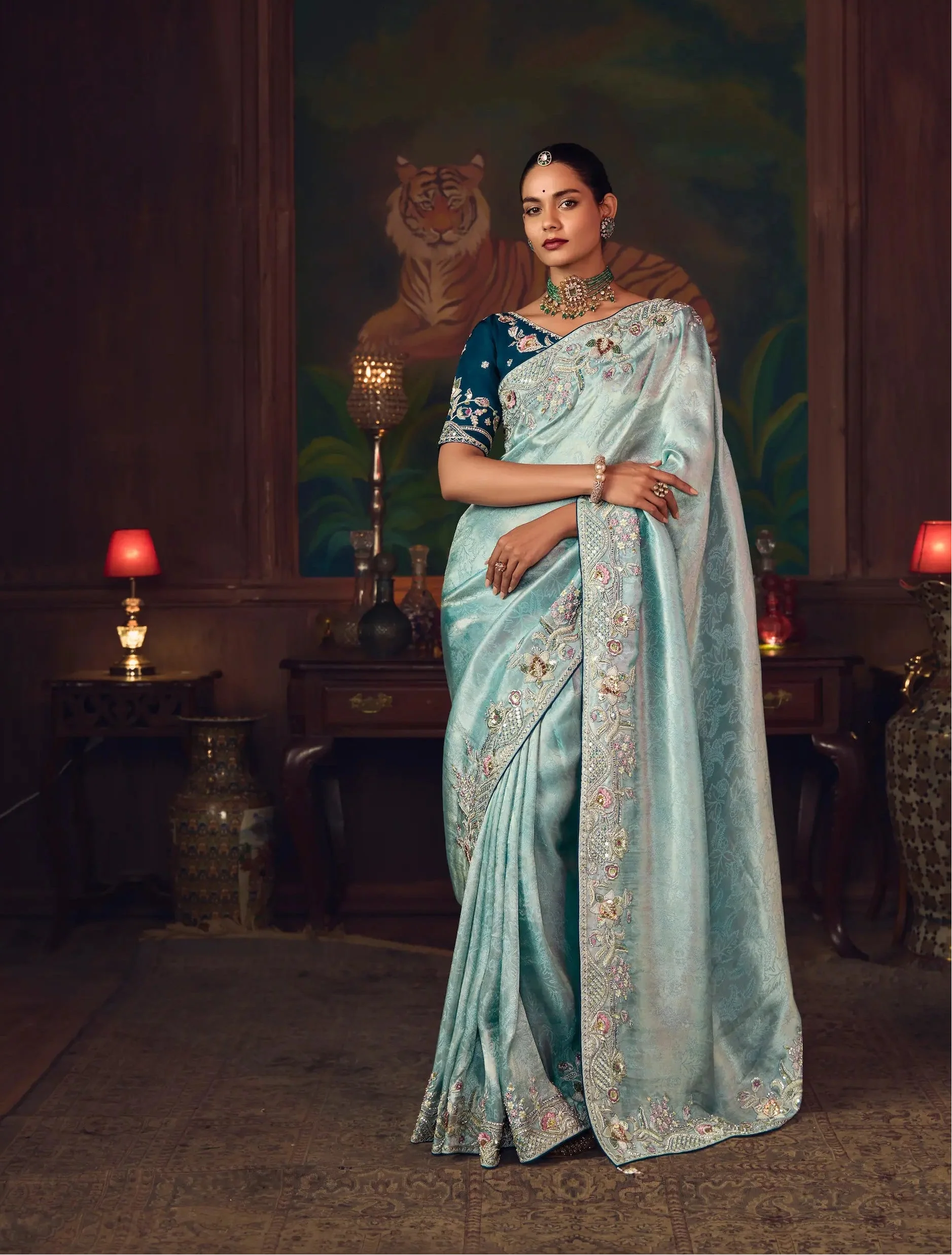 Powder Blue Heavy Embroidery & Handwork Silk Saree