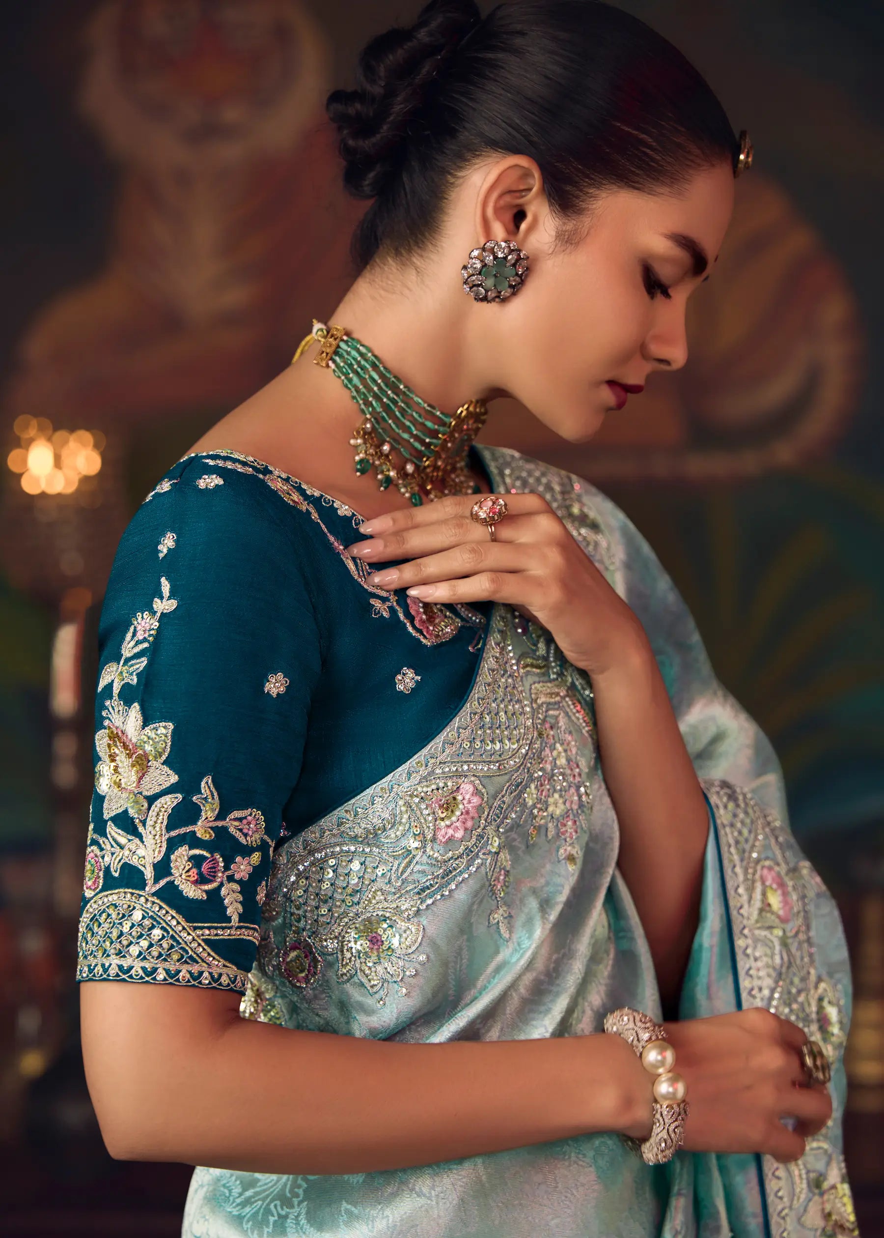 Powder Blue Heavy Embroidery & Handwork Silk Saree