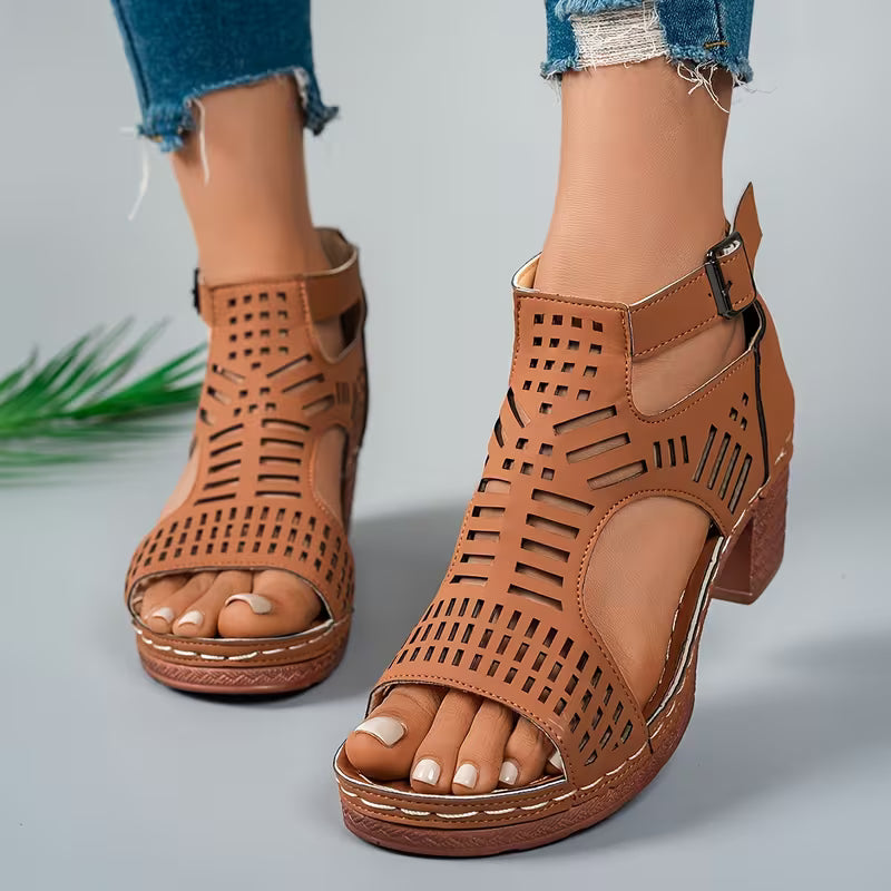 Women’s Cove Buckle Peep-Toe Heels – Cutout Chunky High Heel Sandals (US 5–10.5)