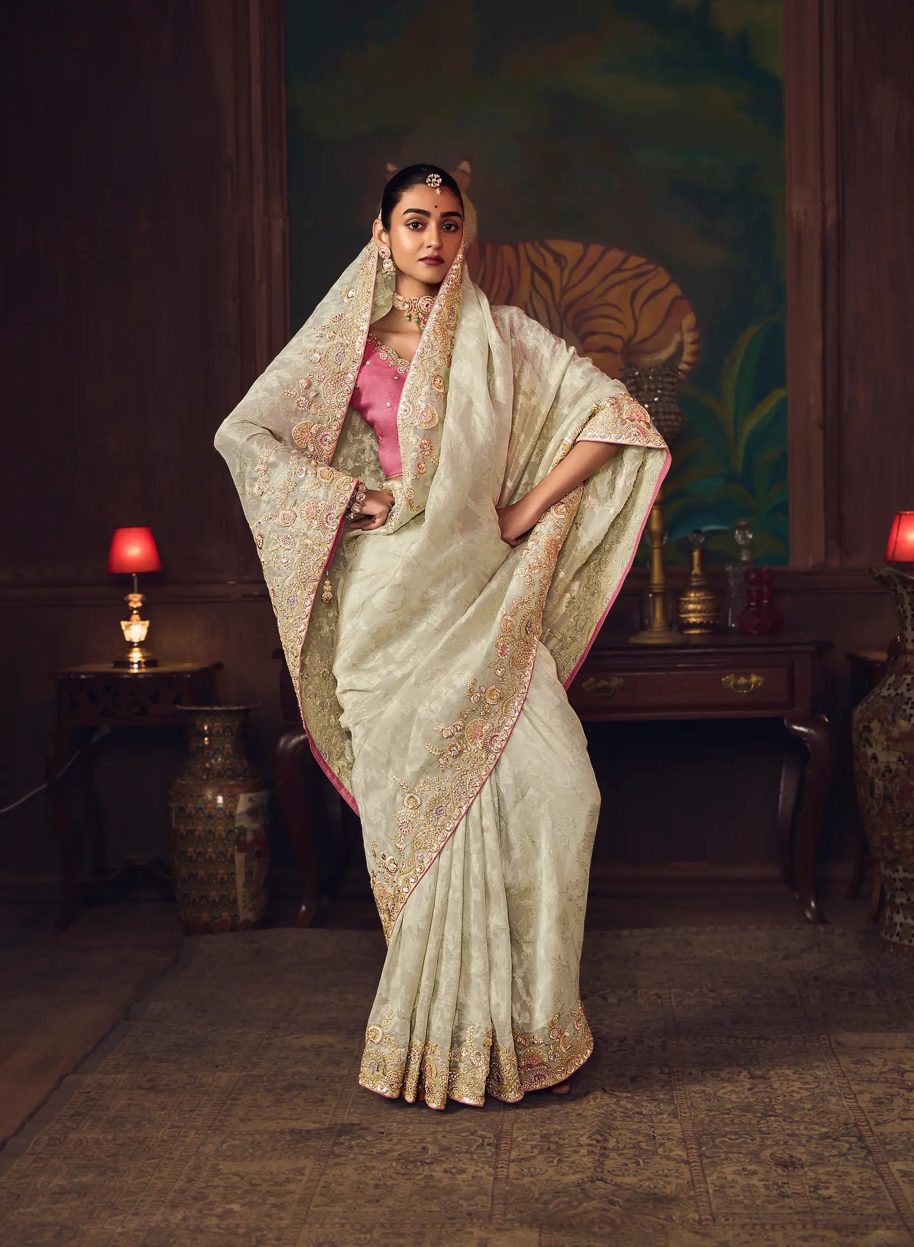 Off White Heavy Embroidery & Handwork Silk Saree