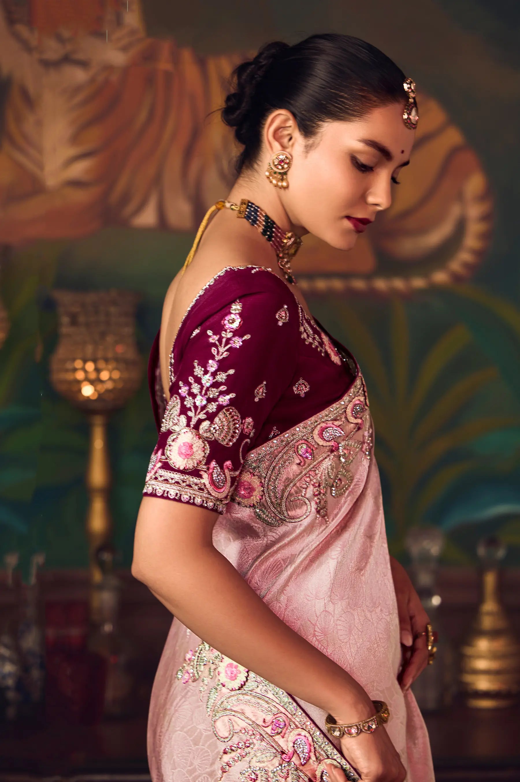 Blossom Pink Heavy Embroidery & Handwork Silk Saree