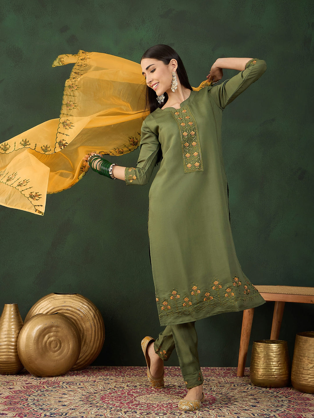 Green Color Festive Wear Kurta Set