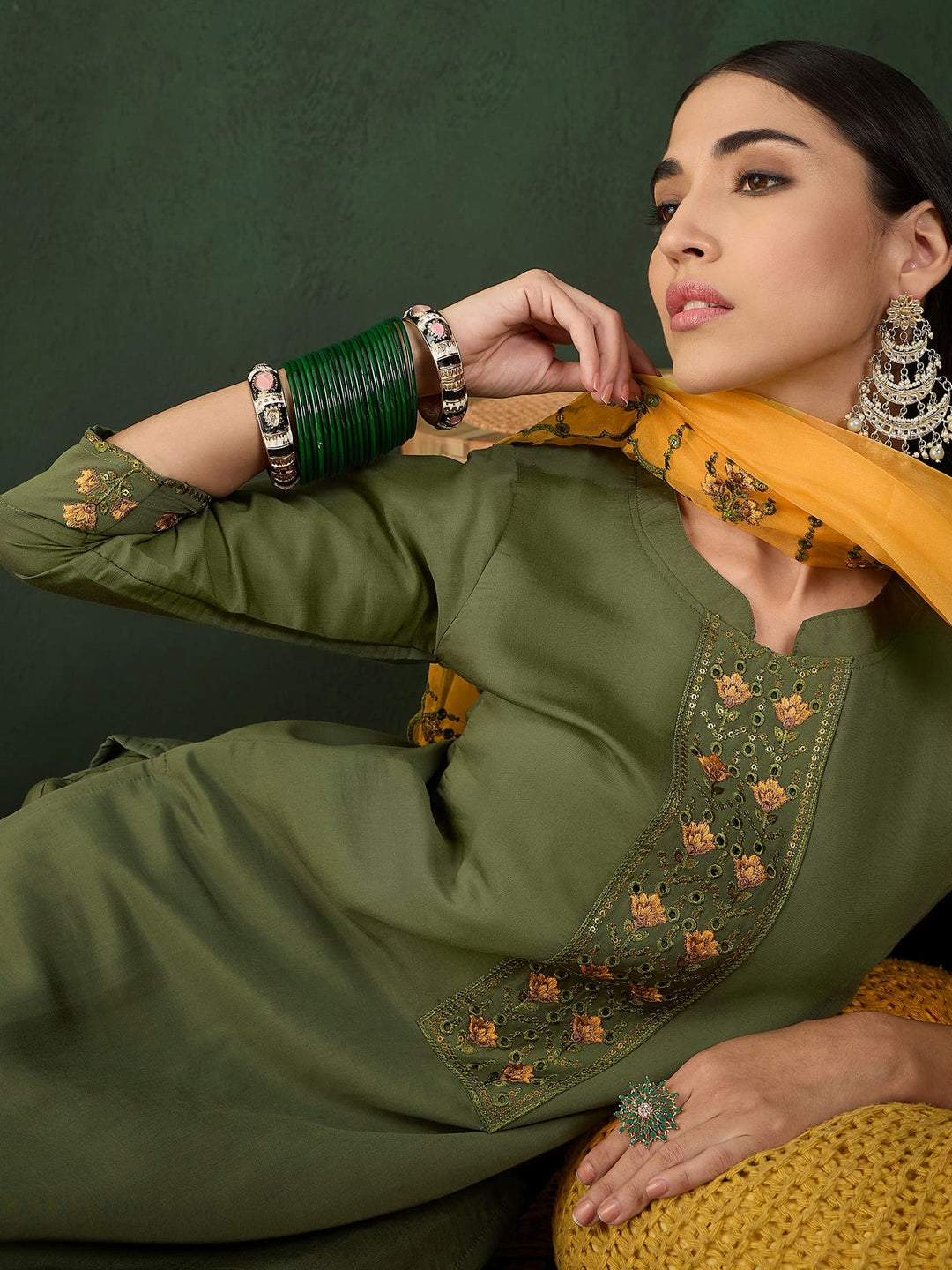 Green Color Festive Wear Kurta Set