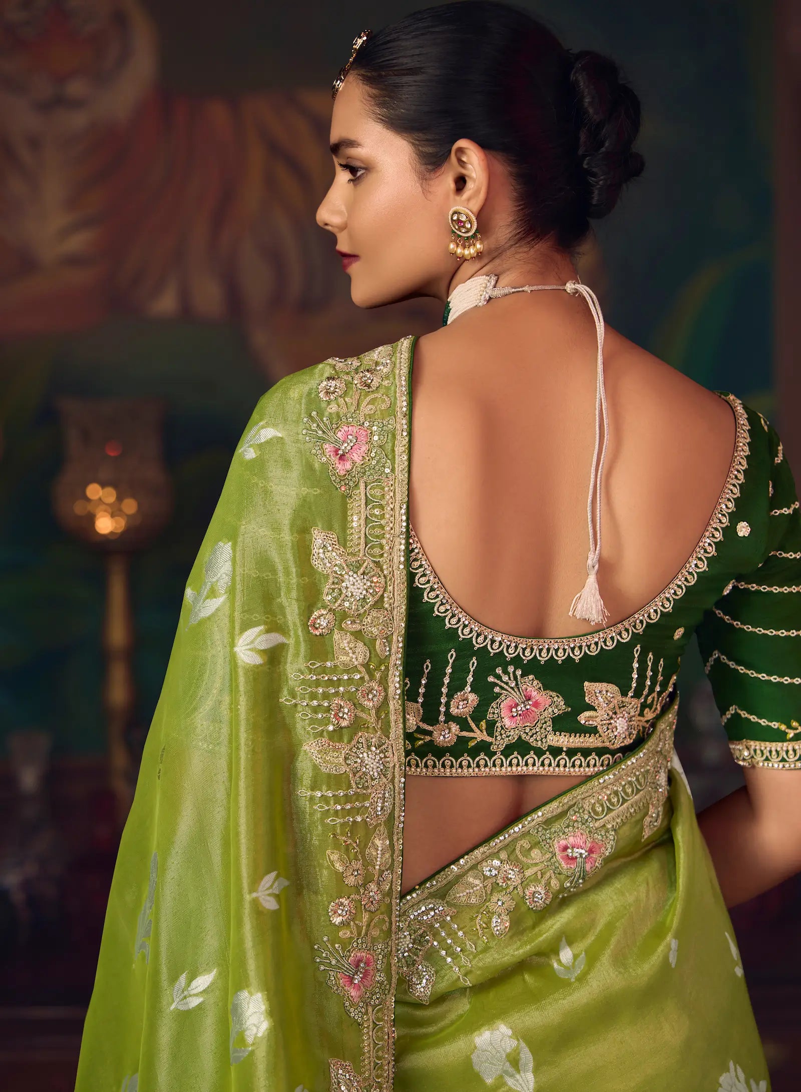 Parrot Green Heavy Embroidery & Handwork Silk Saree