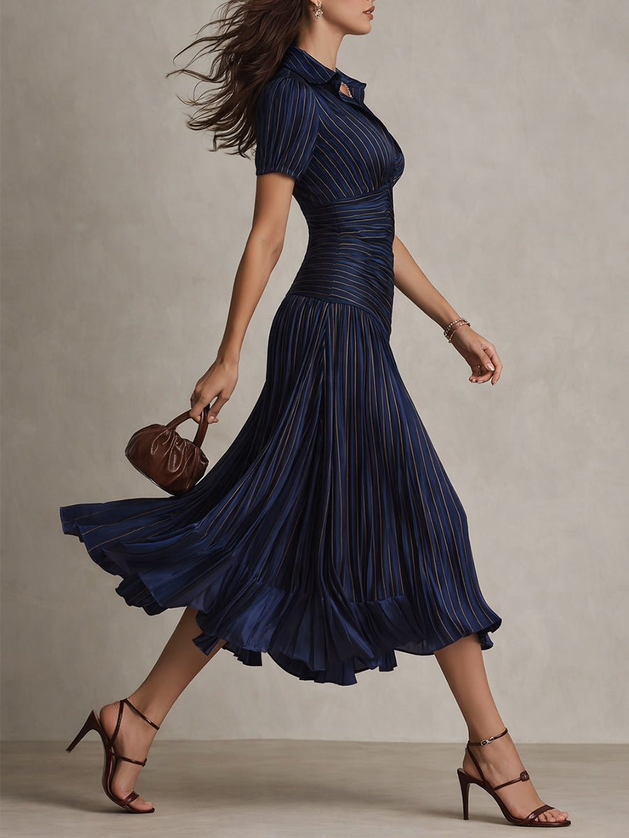 Adriana | Retro Striped Satin Midi Dress by Qivii