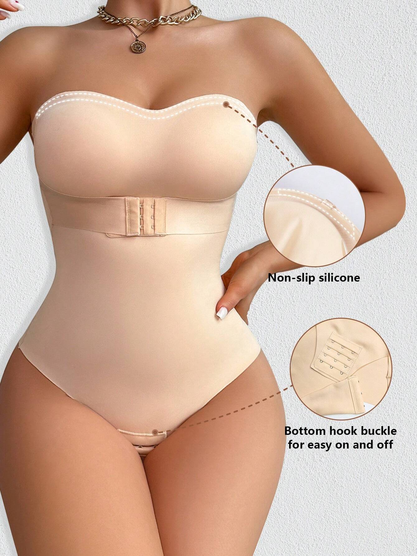 Women's Strapless Tummy Control One Piece Seamless Thong Shapewear Bodysuits  - By Qivii
