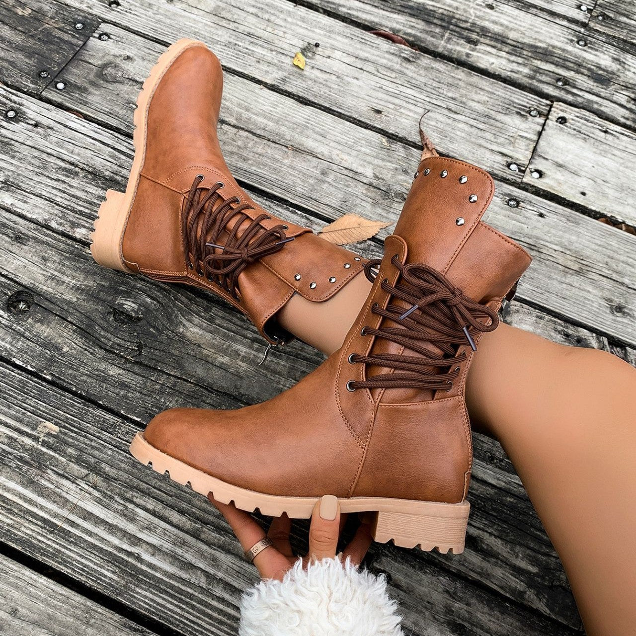 Women's Rivet Roma Boots - Side Lace Chunky Heel Mid Calf Boots (US 4-10.5)