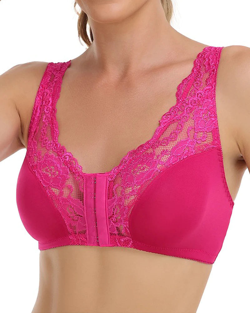 Breathable Lace Front Closure Wire-free Smooth Back Shaping Bra  - By Qivii