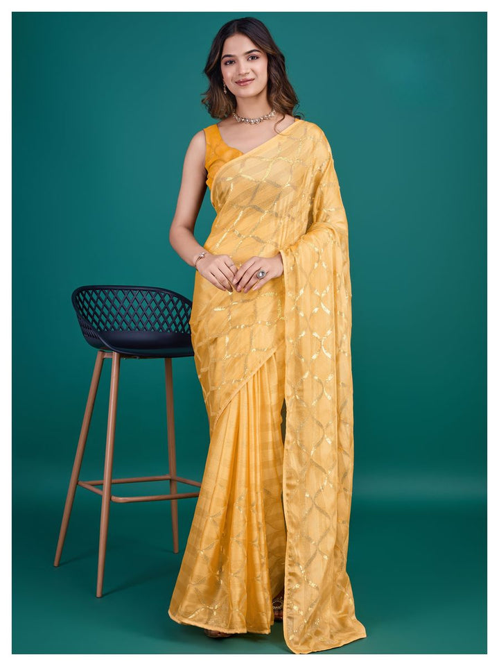 Yellow Color Glass Zari Shimmer Georgette Base with All Over Double Sequins Embroidery and Clean Piping, Perfect for Elegant and Shimmering Dresses and Garments