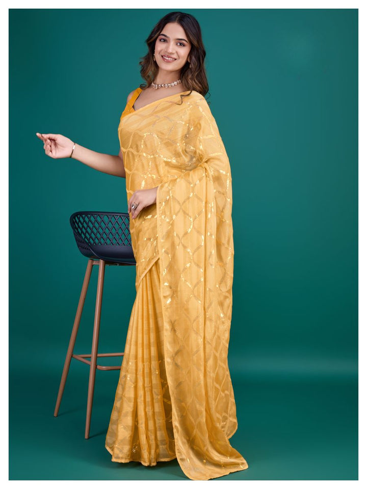 Yellow color glass zari shimmer georgette base with all over double sequins embroidery and clean piping, perfect for adding a touch of elegance to any outfit