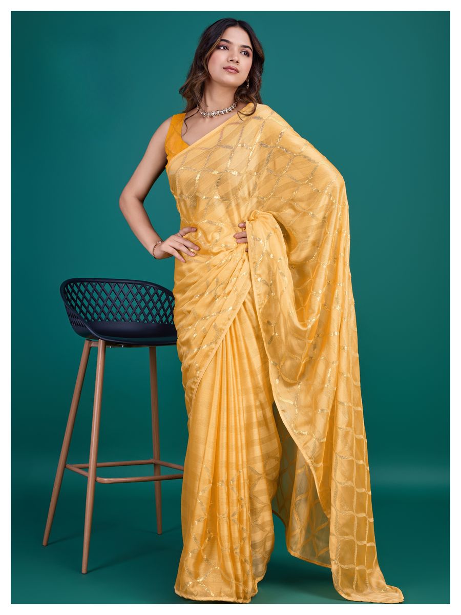 Yellow color glass zari shimmer georgette base with all over double sequins embroidery and clean piping, perfect for adding a touch of luxury to any outfit