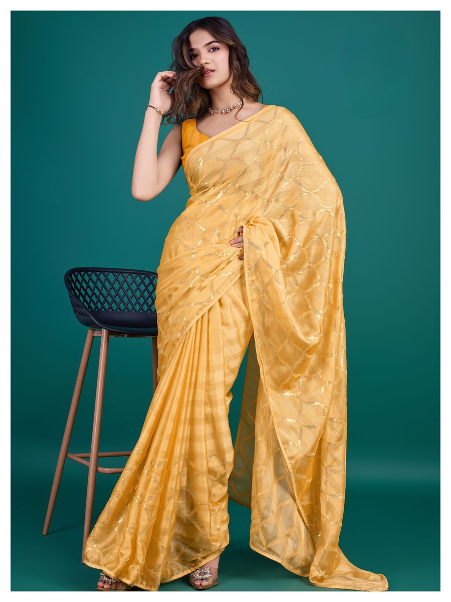 Yellow color glass zari shimmer georgette base with all over double sequins embroidery and clean piping, perfect for adding a touch of elegance to any outfit