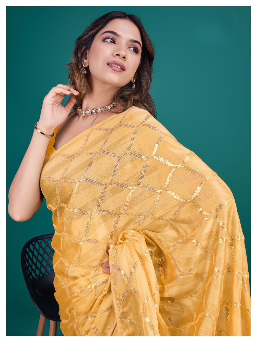 Yellow color glass zari shimmer georgette base with all over double sequins embroidery and clean piping, perfect for adding a touch of elegance to any outfit