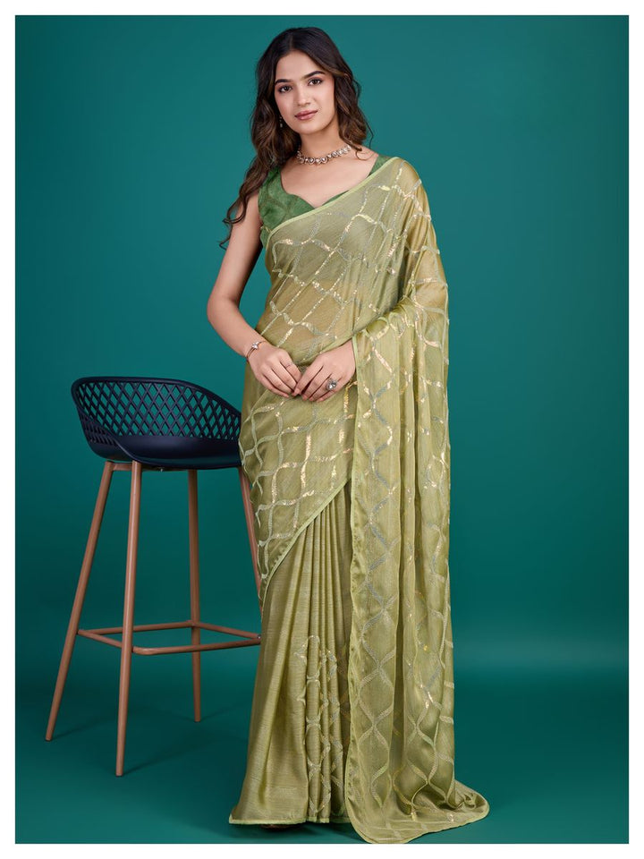 Green Color Glass Zari Shimmer Georgette Base With  All over double sequins embroidery with clean piping