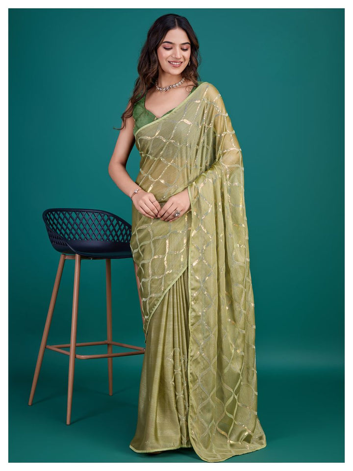 Green Color Glass Zari Shimmer Georgette Base With  All over double sequins embroidery with clean piping