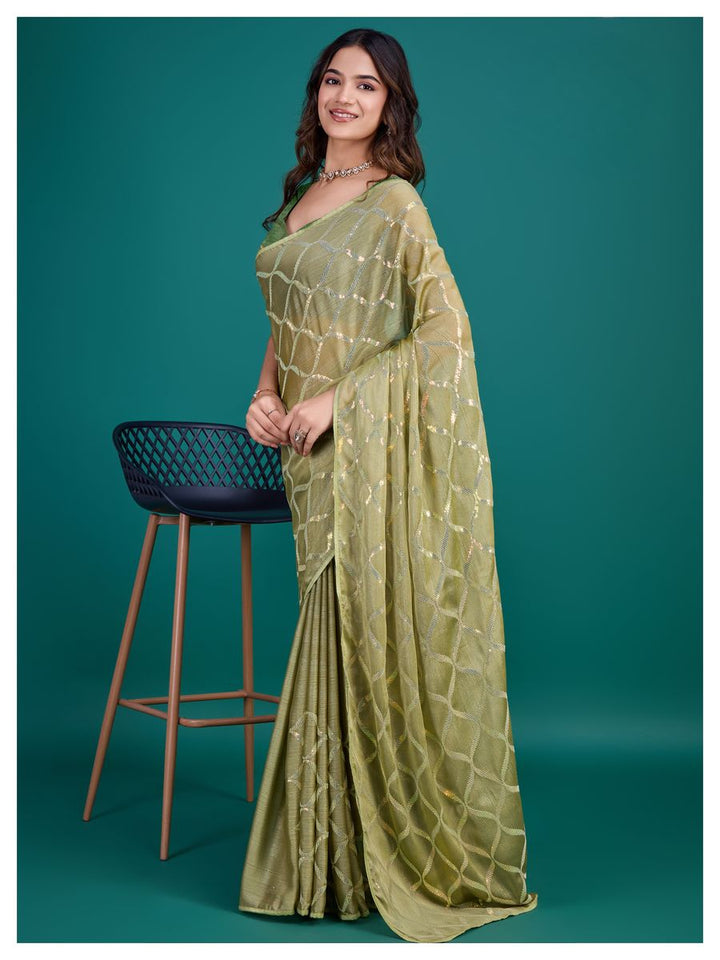 Green Color Glass Zari Shimmer Georgette Base With  All over double sequins embroidery with clean piping