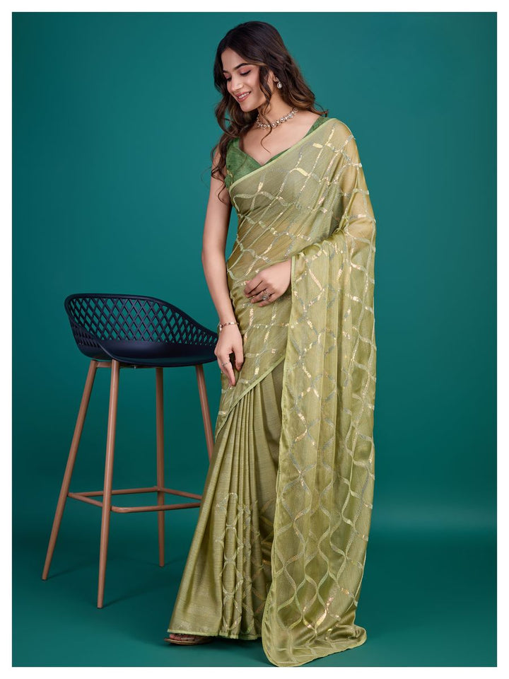 Green Color Glass Zari Shimmer Georgette Base With  All over double sequins embroidery with clean piping