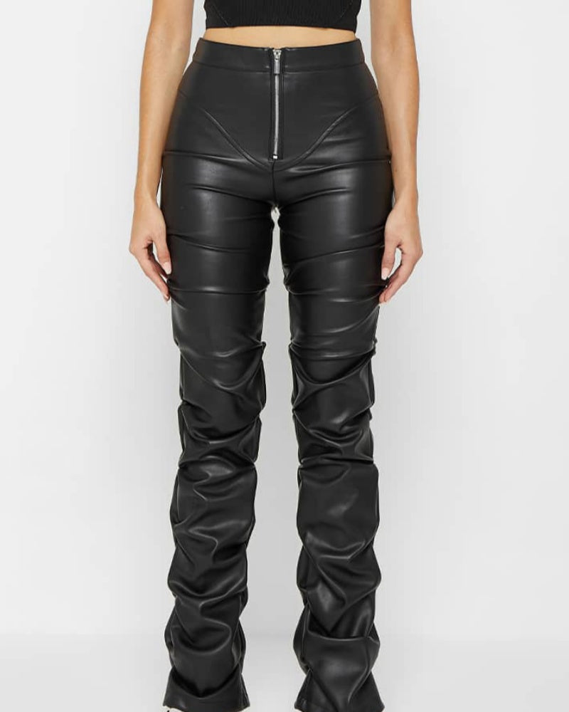 PU Leather Personalized Pleated Flared Pants  - By Qivii
