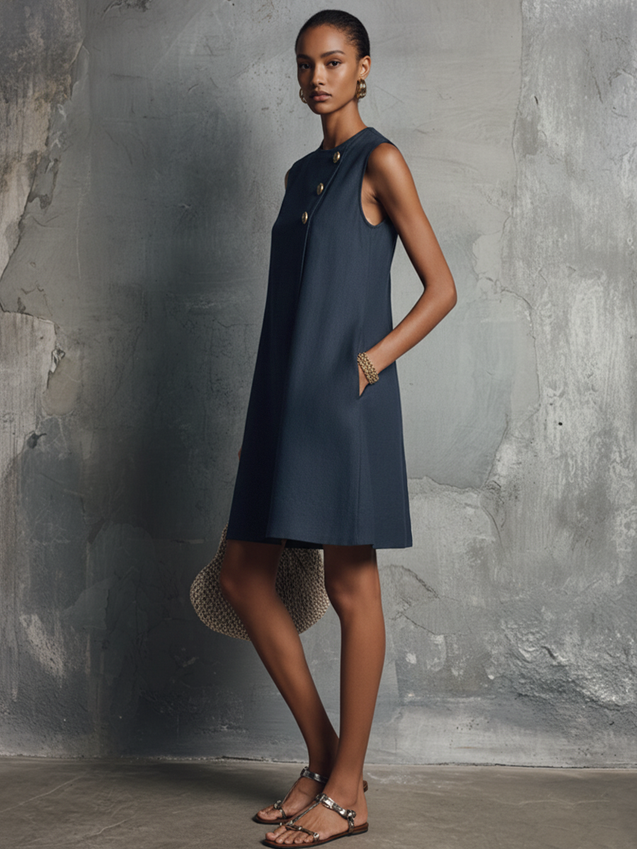 Women's Minimalist Commuter Style Navy Blue Linen Round Neck Asymmetric Buttons Side Pocket Sleeveless Mini Dress MDZ0395F6GMJ