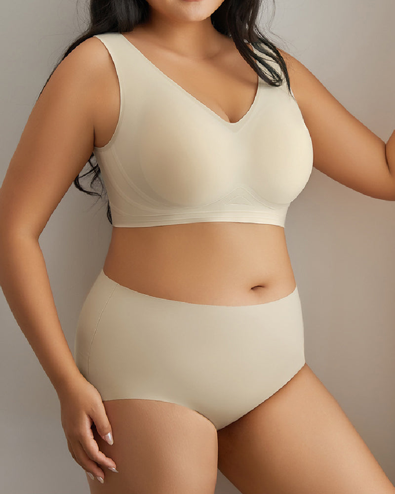 Women's Wirefree Underwear Set Seamless Ultra Comfort Daily Bras With High Waist Panties  - By Qivii