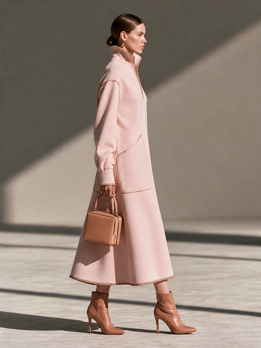Women's Stand-Collar Contrast-Stitch Drop-Shoulder Long-Sleeve Patch-Pocket Wool Maxi Dress MDZ0351I7CMX