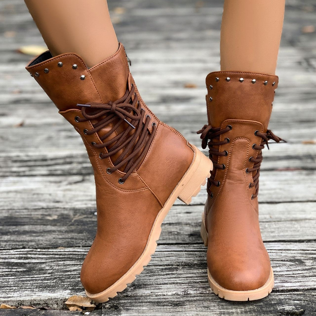 Women's Rivet Roma Boots - Side Lace Chunky Heel Mid Calf Boots (US 4-10.5)