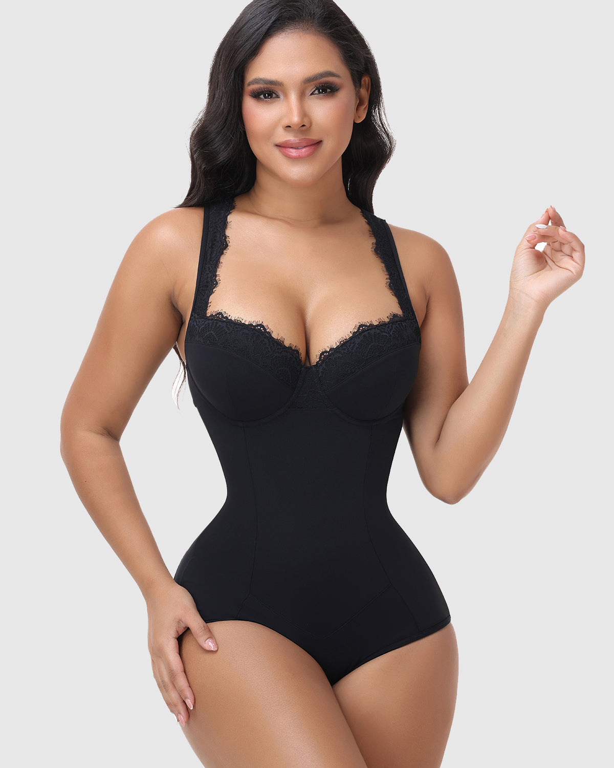 Lace V Neck Tummy Control Butt Lifting Racerback Hourglass Bodysuit