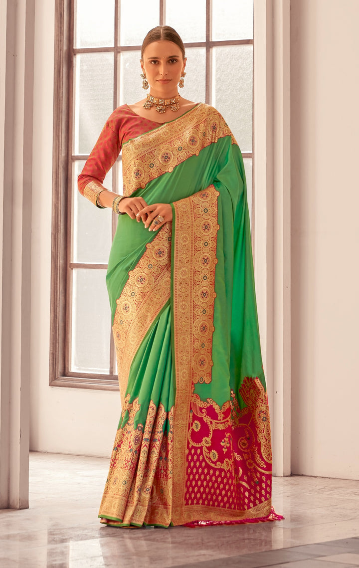 Green Soft Silk With Beautiful Contrast Big Border Weaving Saree