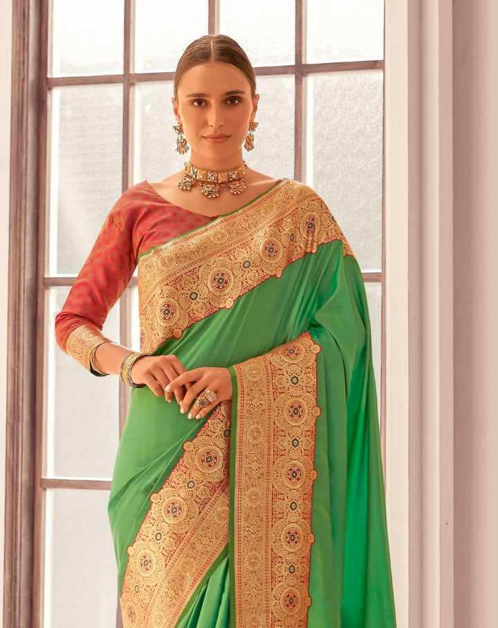 Green Soft Silk With Beautiful Contrast Big Border Weaving Saree