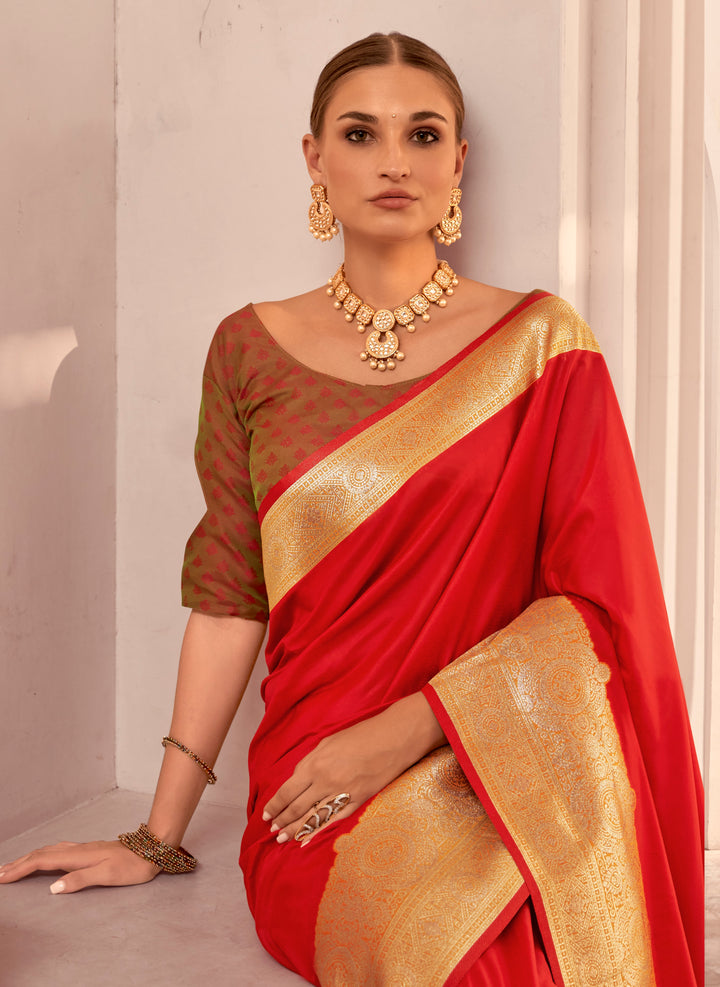 Red Soft Silk With Beautiful Contrast Big Border Weaving Saree