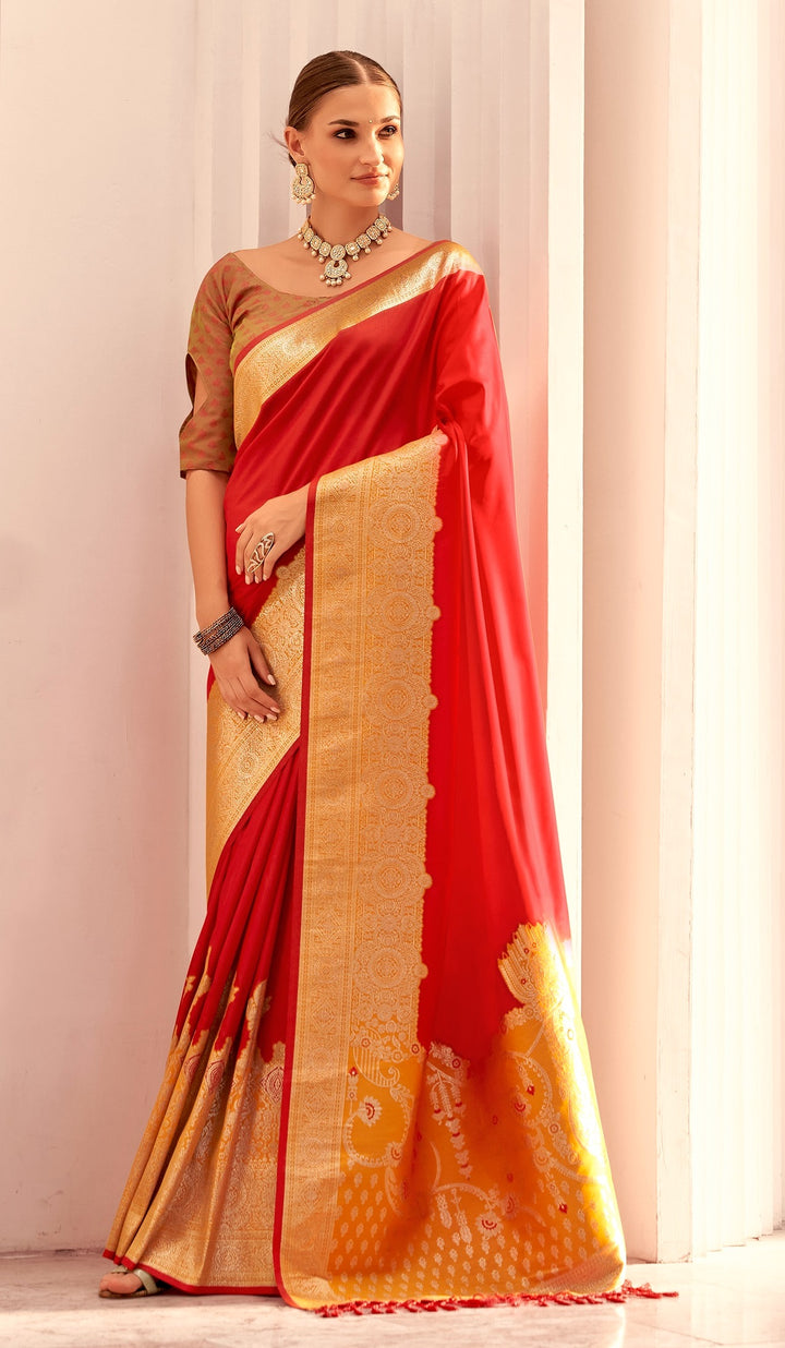 Red Soft Silk With Beautiful Contrast Big Border Weaving Saree