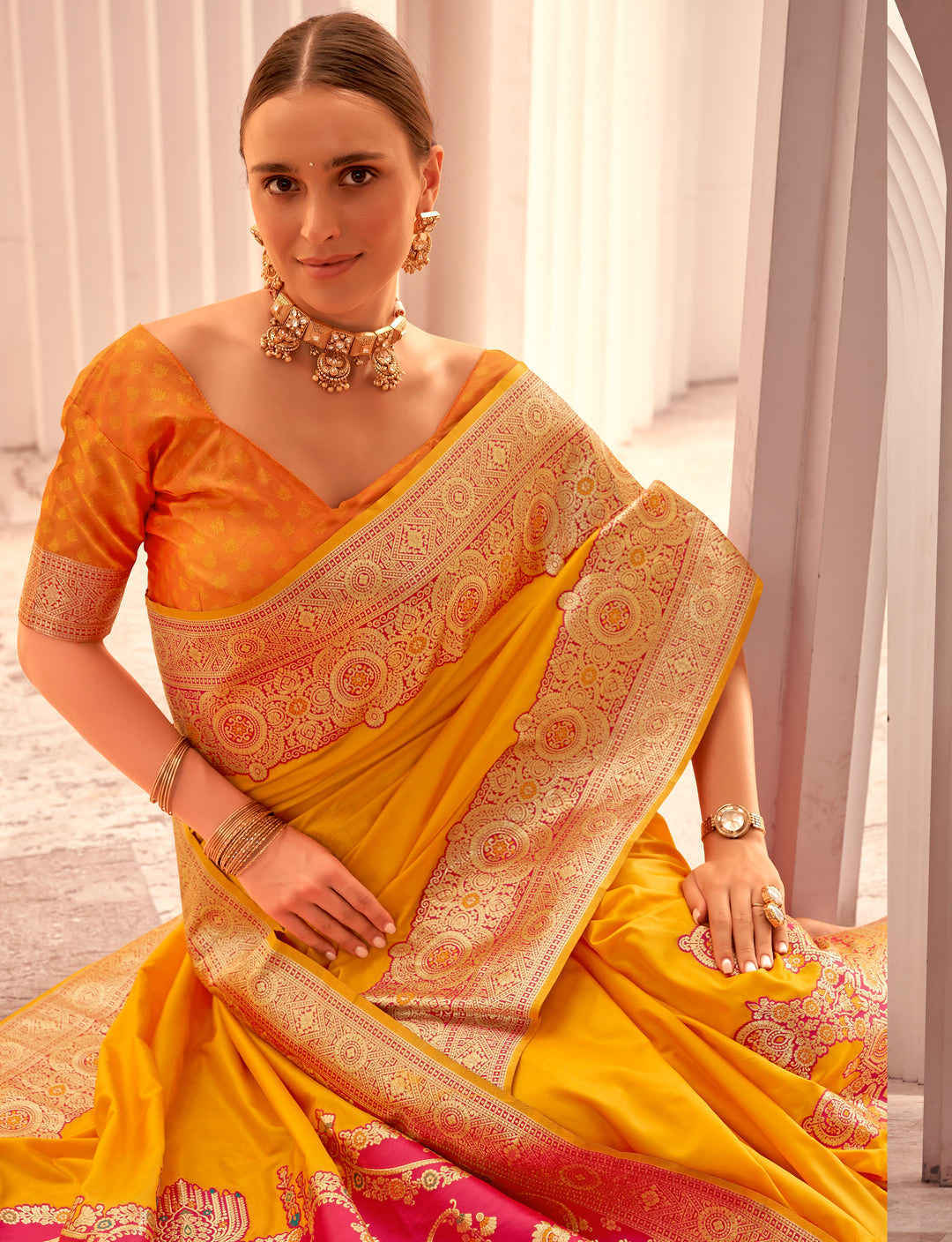 Yellow Soft Silk With Beautiful Contrast Big Border Weaving Saree