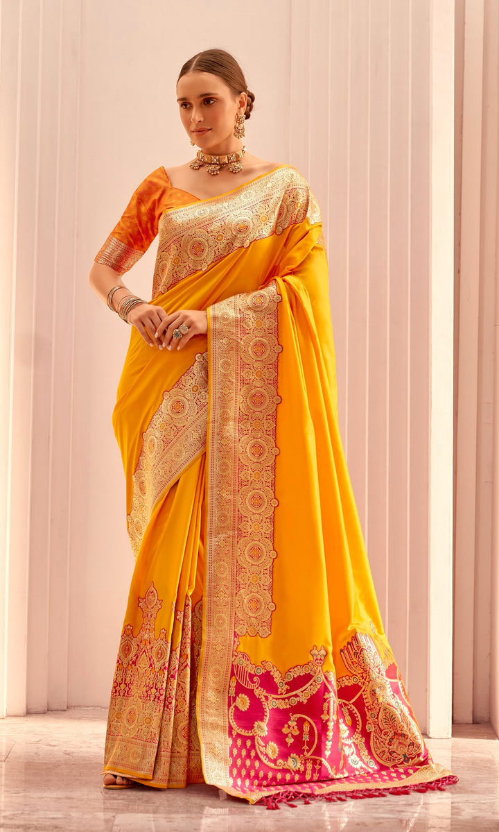 Yellow Soft Silk With Beautiful Contrast Big Border Weaving Saree