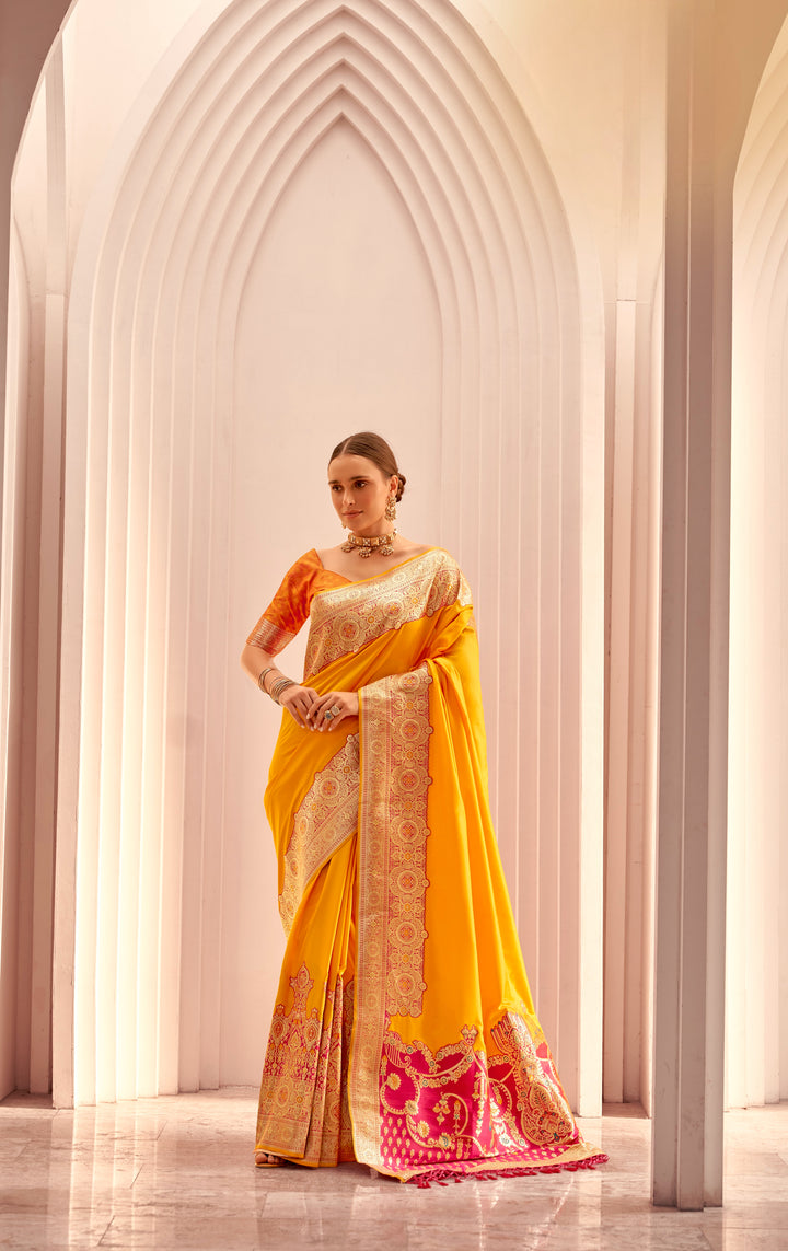 Yellow Soft Silk With Beautiful Contrast Big Border Weaving Saree