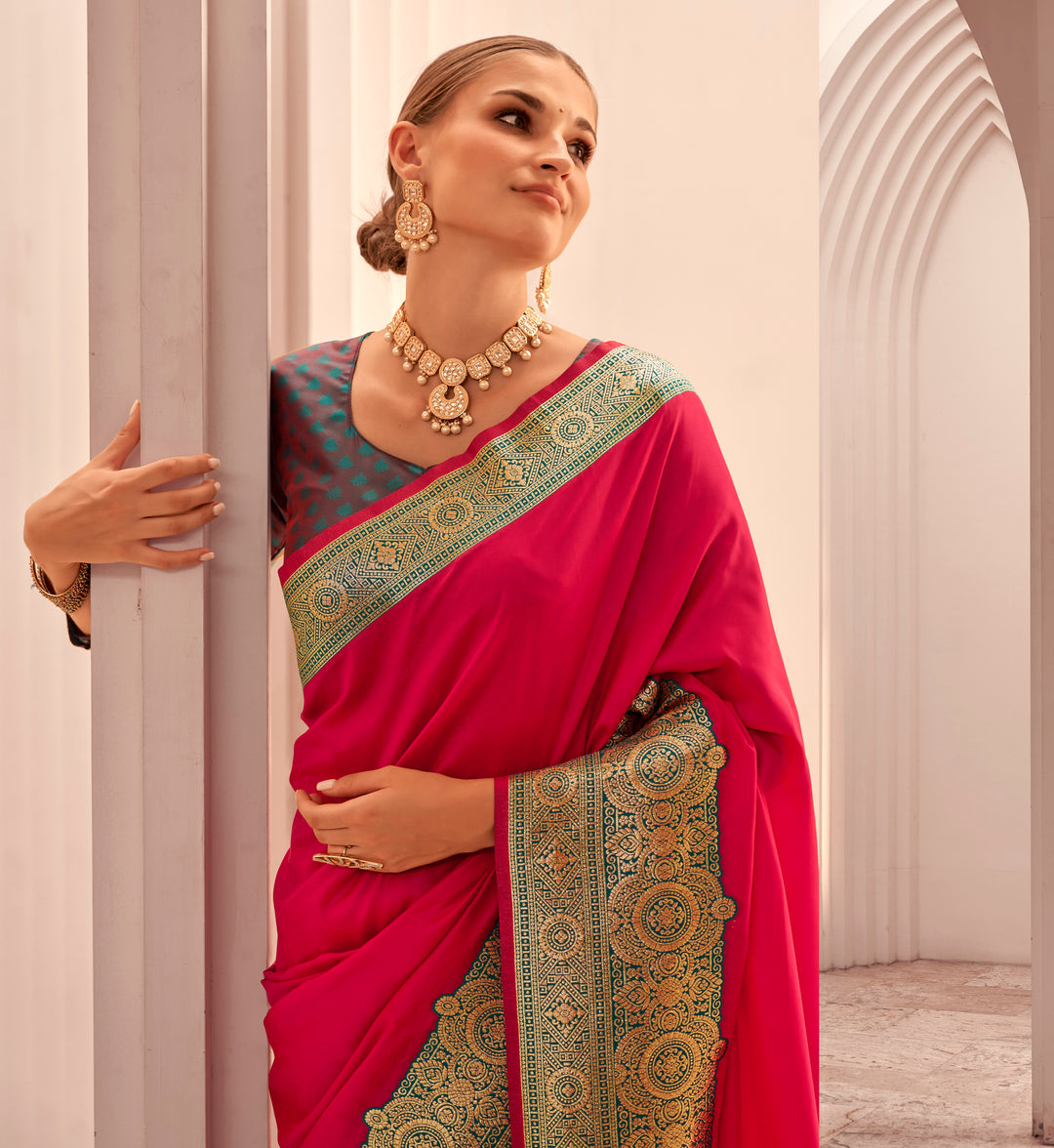 Pink Soft Silk With Beautiful Contrast Big Border Weaving Saree