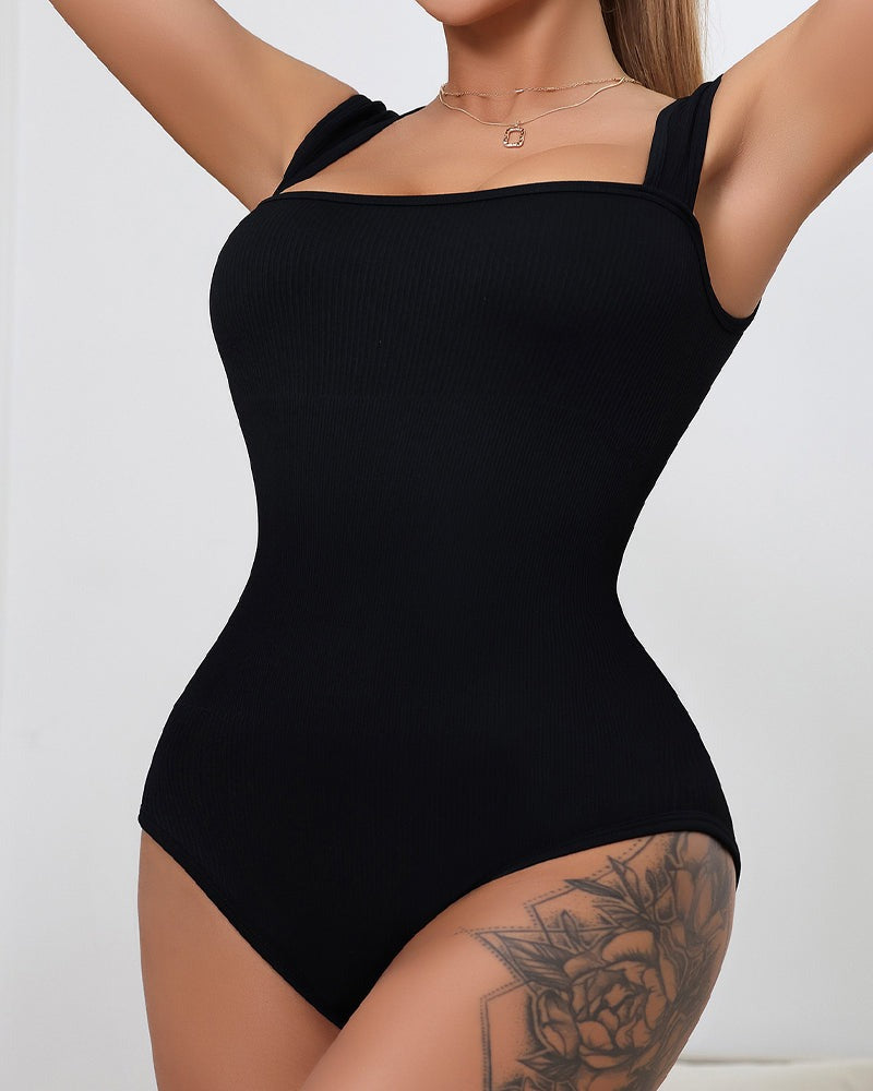 Shapshe® Square Neck Sleeveless Knit Ribbed Seamless Tummy Control Tank Tops Bodysuit  - By Qivii