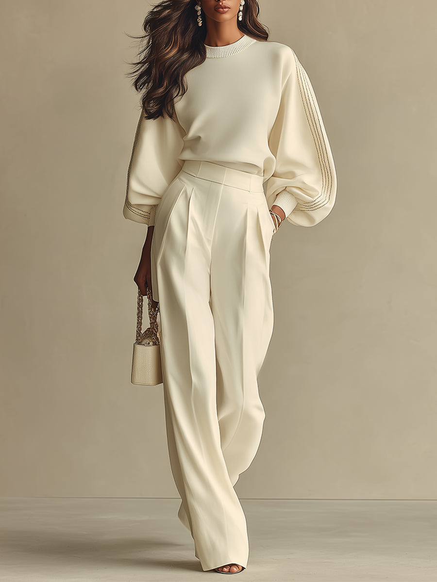Women's Off-white Lightweight Woven Wide Leg Pants with High Waist & Loose Fit, Sophisticated Office Chic Trousers MDZ0856A8I