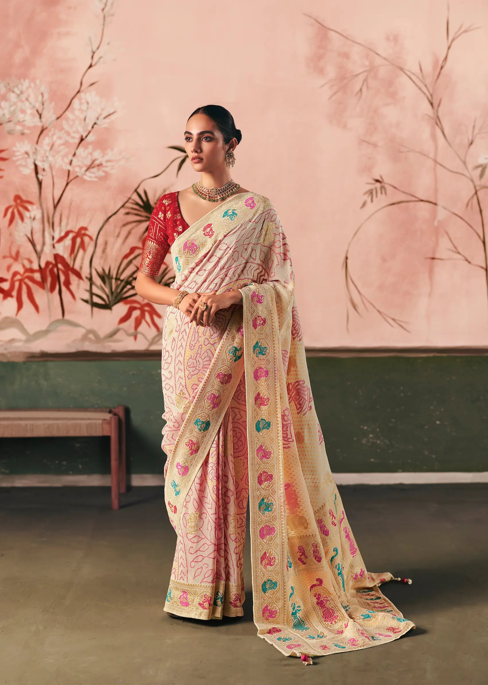 Antique White Georgette Bandhej Weaving Saree