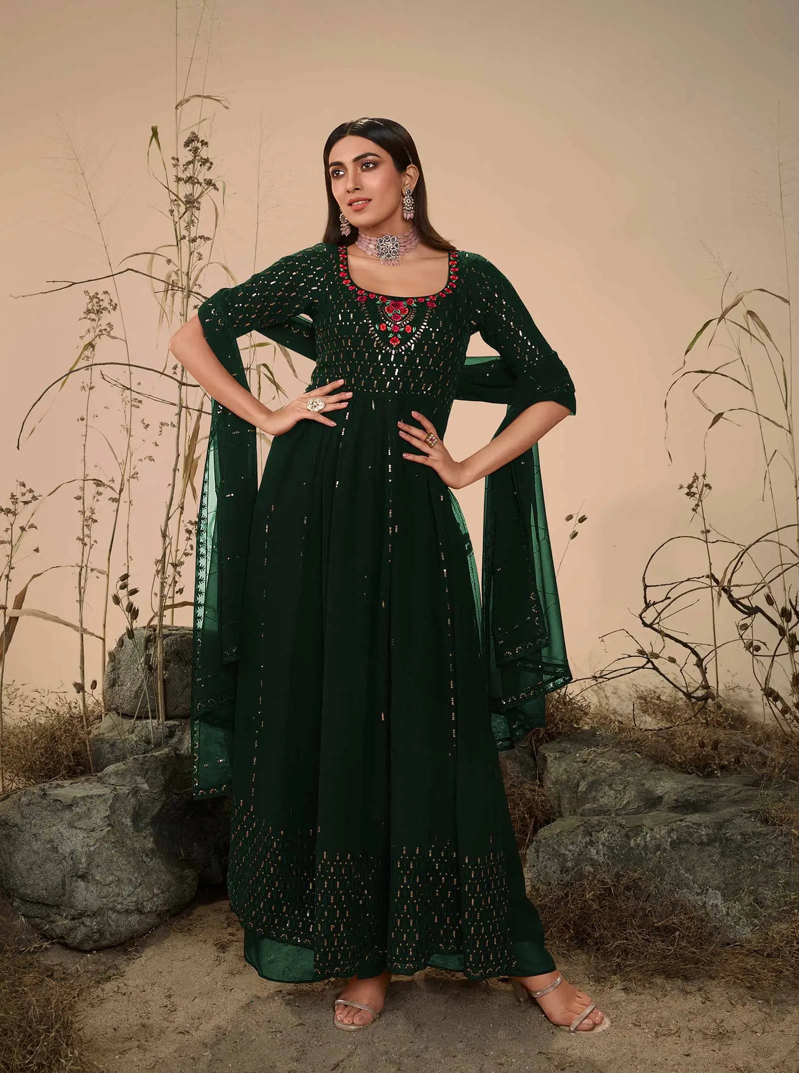 Dark green Georgette Palazzo Salwar Suit With Thread Sequins Embroidery Work - qivii