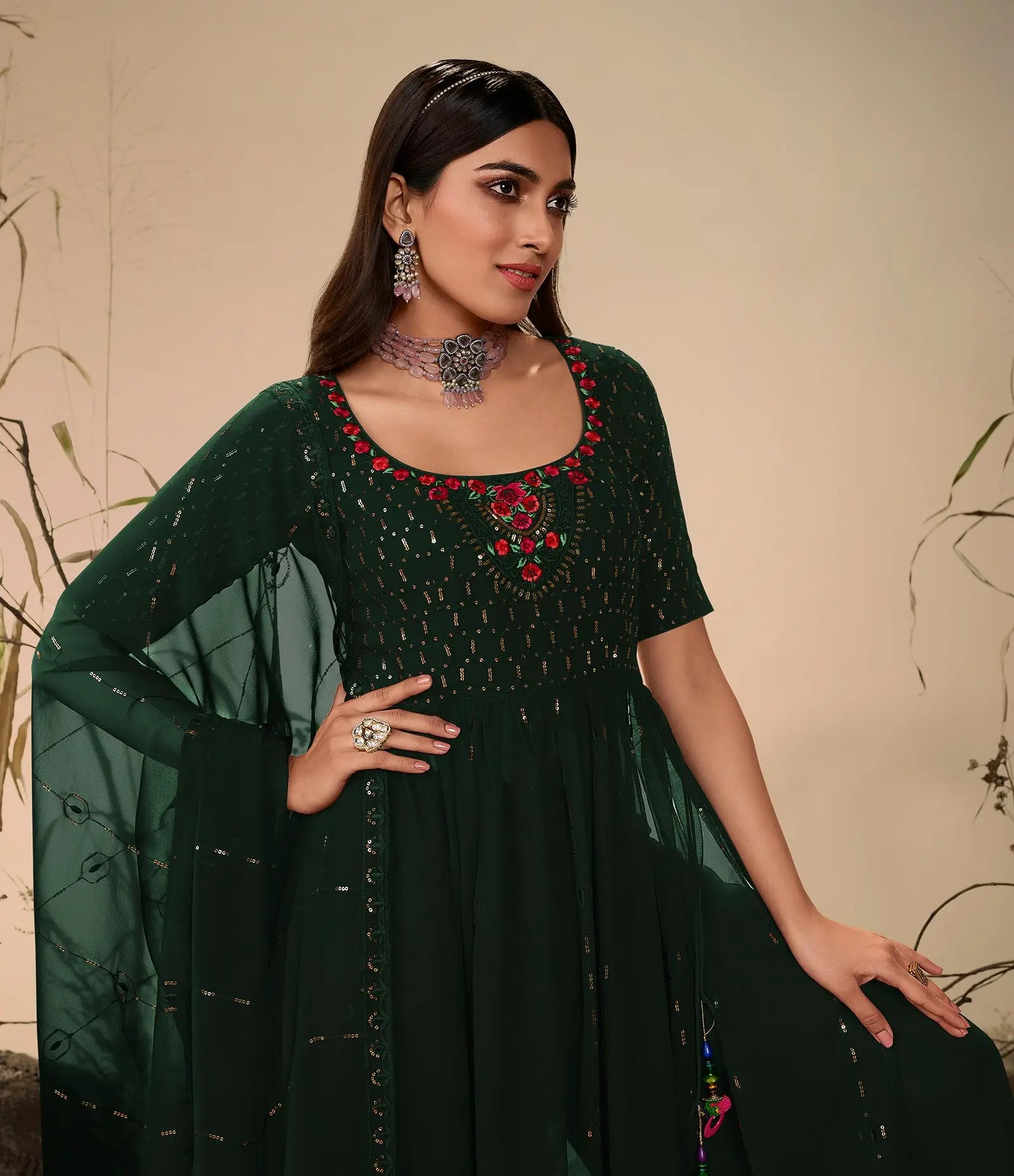 Dark green Georgette Palazzo Salwar Suit With Thread Sequins Embroidery Work - qivii