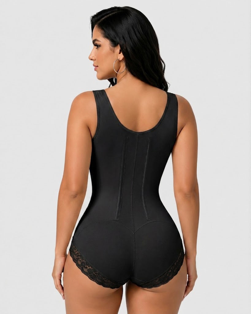 Adjustable Strap Double Compression Tummy Control Butt Lifting Lace Bodysuit Shapewear  - By Qivii
