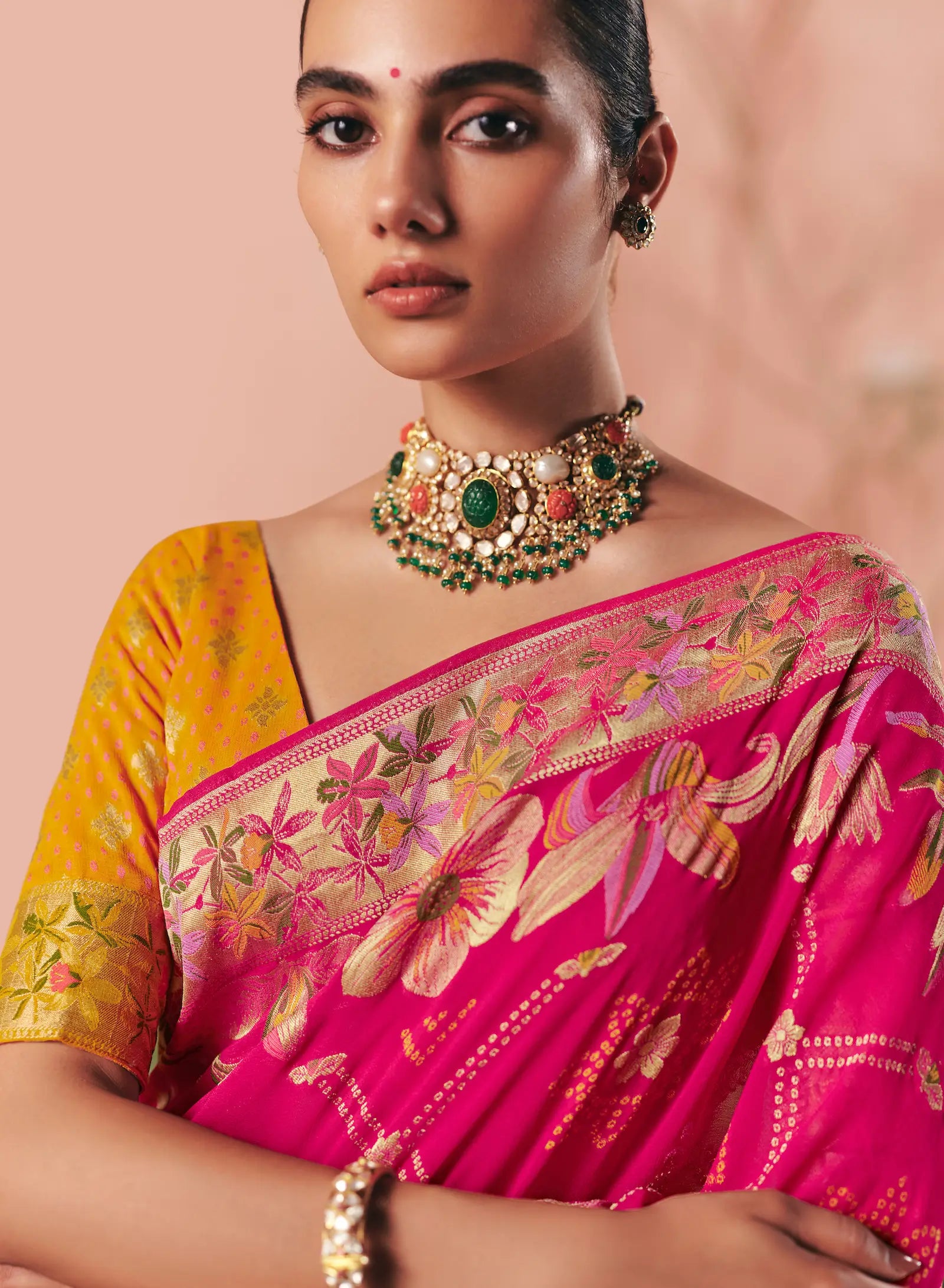 Rani Pink Georgette Bandhej Weaving Saree