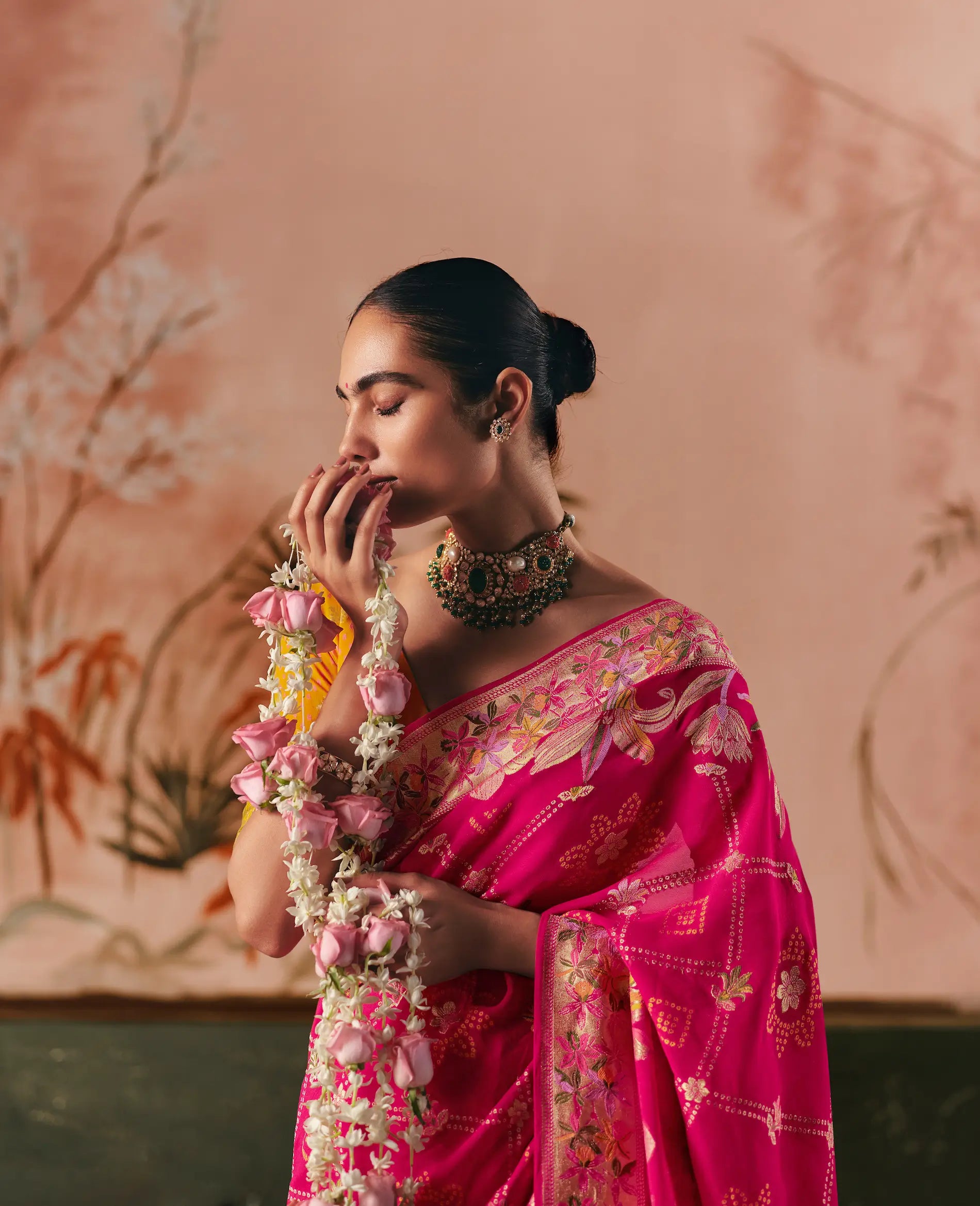 Rani Pink Georgette Bandhej Weaving Saree